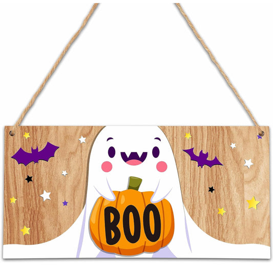 Letrero colgante de madera de Halloween, boo fantasma de Halloween, placas colgantes de madera para puerta delantera, suministros de decoración al aire libre para fiesta de Halloween