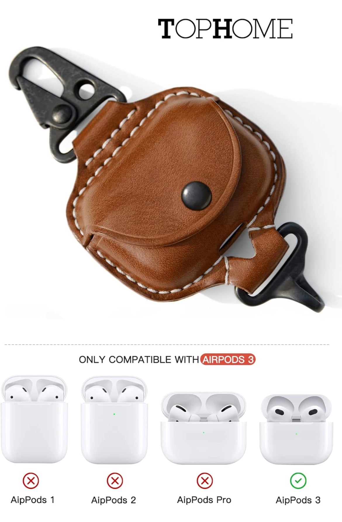 TOPHOME Funda para AirPods 3 de cuero, funda de cuero genuino de alta calidad compatible con AirPods de 3ª generación con mosquetón de cobre fino, accesorios para auriculares (cafe -1 unidad)