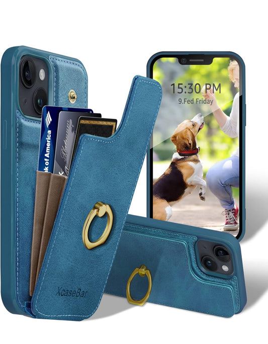 XcaseBar Funda tipo cartera para iPhone 14 de 6.1 pulgadas con soporte de anillo de rotación de 360°, bloqueo RFID, soporte para tarjetas de crédito, funda de piel sintética para teléfono para mujeres y hombres, funda para Apple 14, color azul cielo