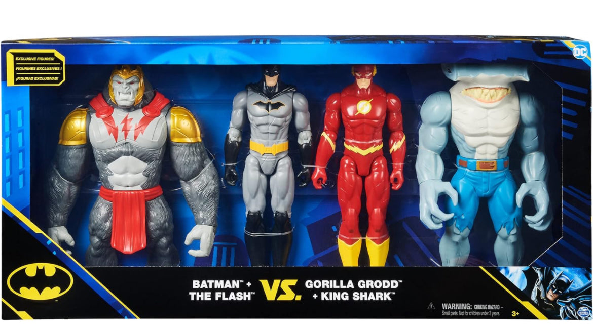 DC Comics, Batman vs. Gorilla Grodd - Figuras de acción de 11.8 in (Batman, The Flash, Gorilla Grodd, King Shark), juguetes para niños y niñas de 3 años en adelante