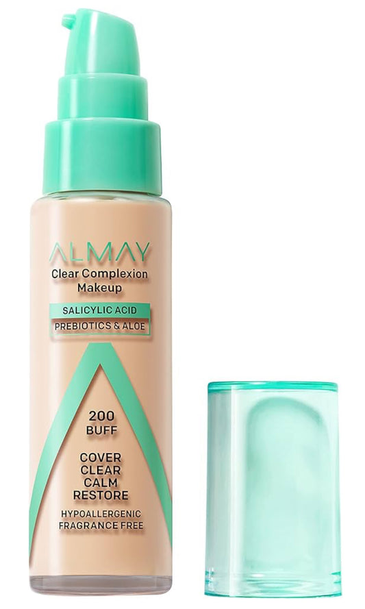 Almay Clear Complexion - Base de maquillaje para acné con ácido salicílico, ligero, cobertura media, hipoalergénico, sin fragancia, para pieles sensibles, 200 pulg, 1 onza líquida-Color: 200 Buff