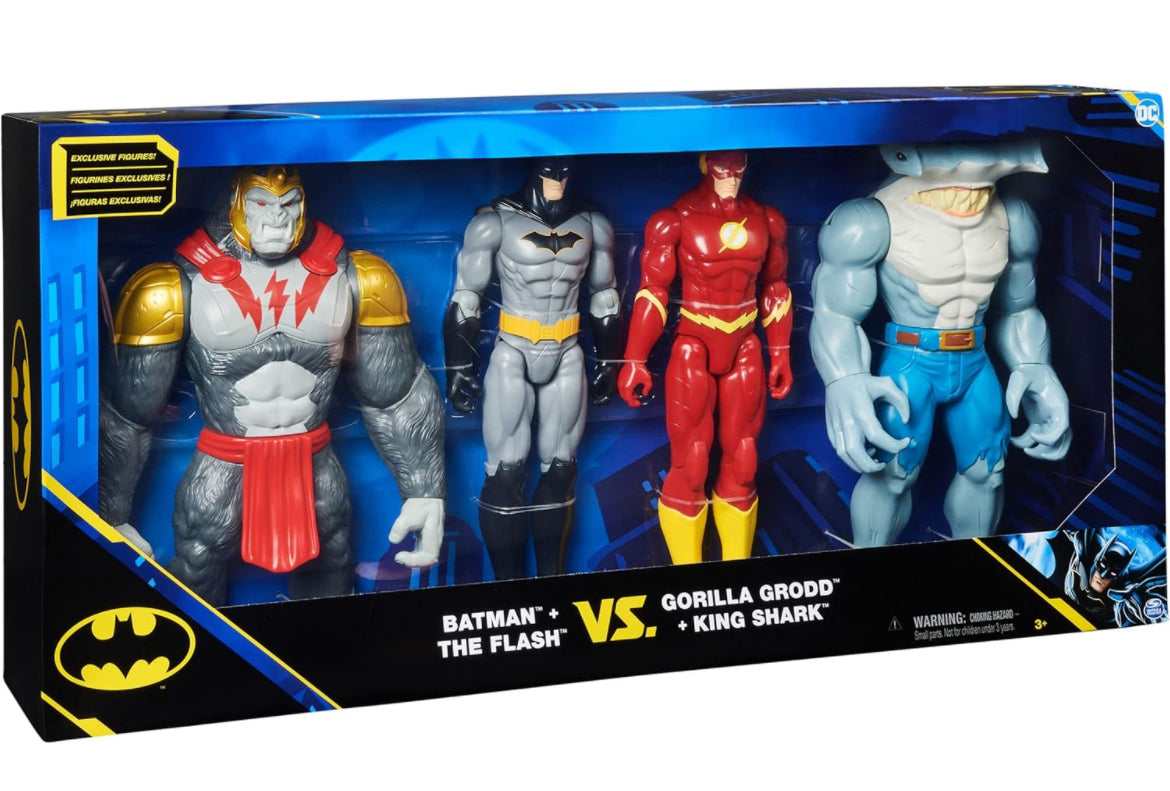 DC Comics, Batman vs. Gorilla Grodd - Figuras de acción de 11.8 in (Batman, The Flash, Gorilla Grodd, King Shark), juguetes para niños y niñas de 3 años en adelante