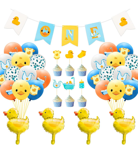 Kit de decoración de globos de pato amarillo, 37 unidades, una pancarta colgante de 12 pulgadas, globo de látex azul, amarillo y blanco, globos de papel de aluminio de pato amarillo, decoración de pastel para niños, primer cumpleaños, recién nacido, baby