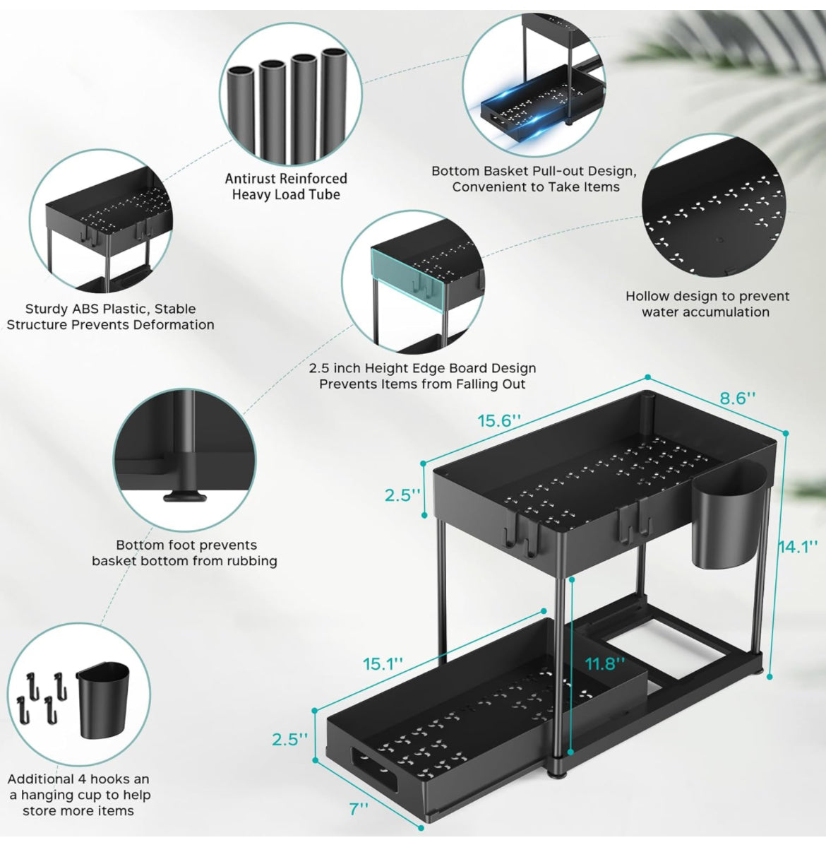 Organizadores y almacenamiento para debajo del fregadero, paquete de 2 estantes extraíbles de gran capacidad para debajo del fregadero con cajón deslizante para cocina y baño, color negro.