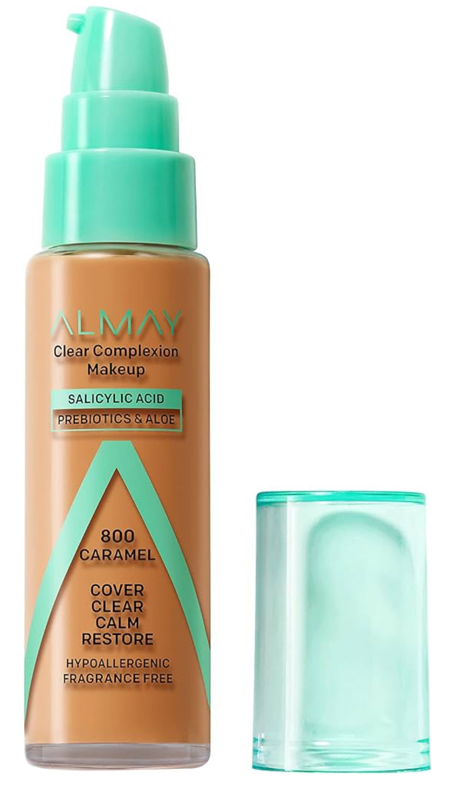 Almay Clear Complexion - Base de maquillaje para acné con ácido salicílico, ligero, cobertura media, hipoalergénico, sin fragancia, para pieles sensibles, 800 caramelo, 1 onza líquida.-Color: 800 Caramelo Bronceado