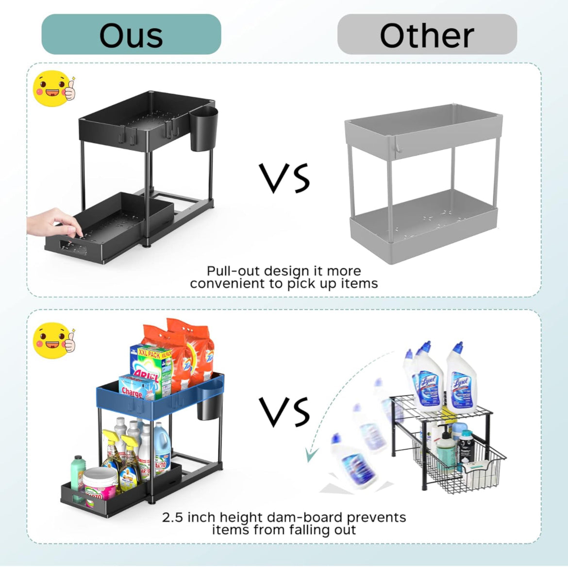 Organizadores y almacenamiento para debajo del fregadero, paquete de 2 estantes extraíbles de gran capacidad para debajo del fregadero con cajón deslizante para cocina y baño, color negro.