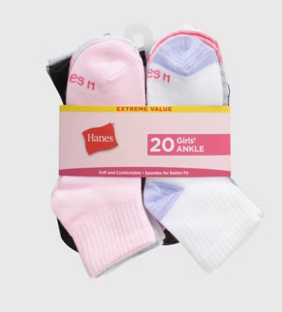 Paquete de 20 calcetines tobilleros para niñas Hanes - Los colores pueden variar- talla M (10.5-4)