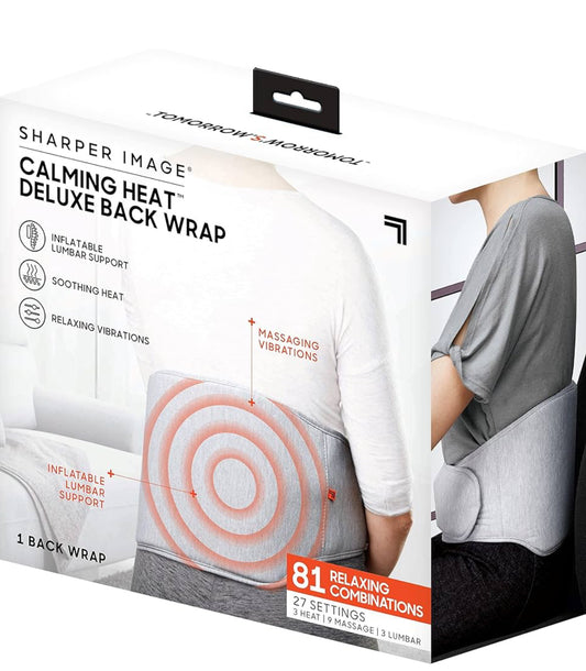 Sharper Image: almohadilla de calefacción eléctrica de espalda con soporte lumbar inflable personalizable, calor calmante y vibraciones de masaje, 27 ajustes, 3 calores, 9 vibraciones, 3 lumbares