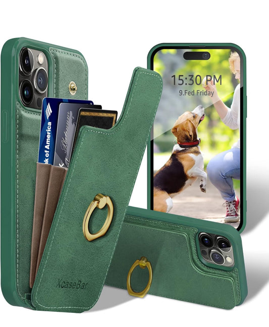 XcaseBar Funda tipo cartera para iPhone 14 Pro de 6.1 pulgadas con soporte de anillo de rotación de 360°. Bloqueo RFID, soporte para tarjetas de crédito, funda de piel sintética para teléfono para mujeres y hombres, funda para Apple 14 Pro, color verde ma