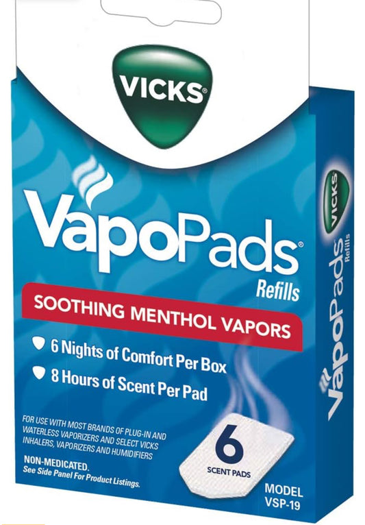 Vicks VapoPads: almohadillas de vapor de mentol calmantes para humidificadores, vaporizadores, vaporizadores sin agua y enchufes, VSP-19, 6 unidades (paquete de 1)