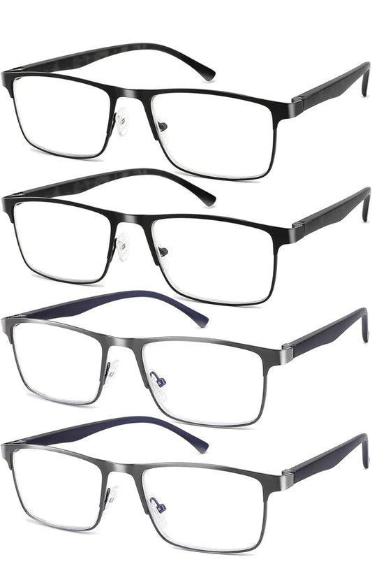 Paquete de 4 lentes de lectura para hombre, bloqueo de luz azul, bisagra de resorte, elegantes lectores de marco completo de metal para hombres con filtro antirreflejos +3.50 - incluye 2 paños de microfibra