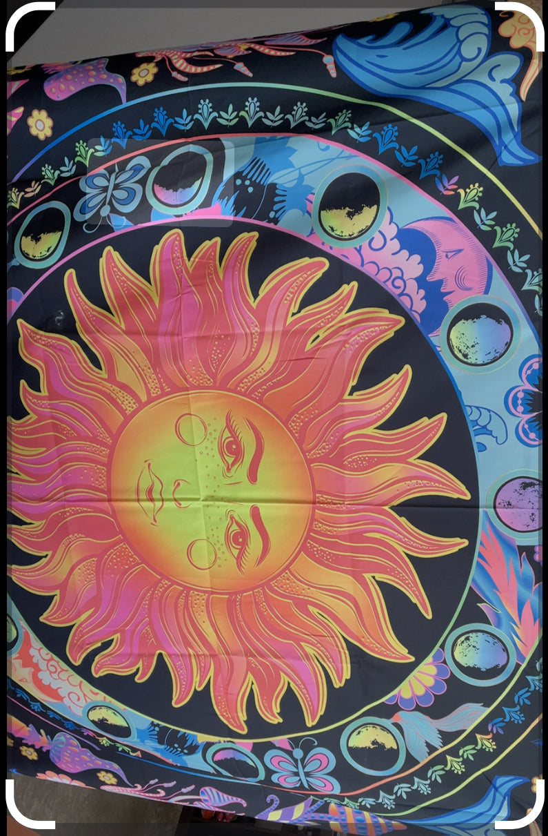 Tapiz de sol ardiente con luz negra, Mandala reactivo UV, constelación, tapiz Floral de neón que brilla en la obscuridad