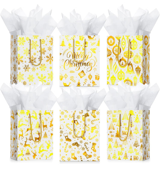 bolsas de regalo de Navidad de grosor medio con papel de seda, bolsas de regalo de papel kraft de Navidad con asas para envolver regalos de Navidad, suministros de fiesta de vacaciones, 16 pcs