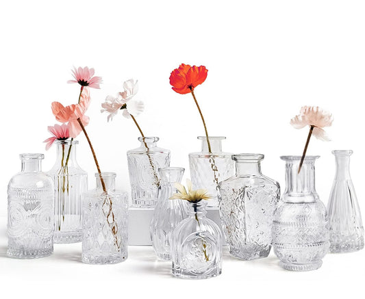 Juego de 10 jarrones de cristal, jarrones a granel, pequeños para flores, centros de mesa, bonita decoración rústica vintage de boda, decoración de flores de mesa para el hogar