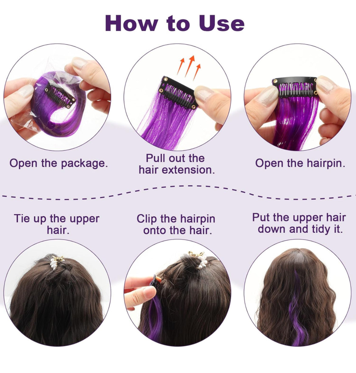 10 extensiones de cabello morado, rizado, ondulado, sintético, con clip en arco iris neón para fiesta, accesorios de cabello coloridos para niños, niñas y mujeres