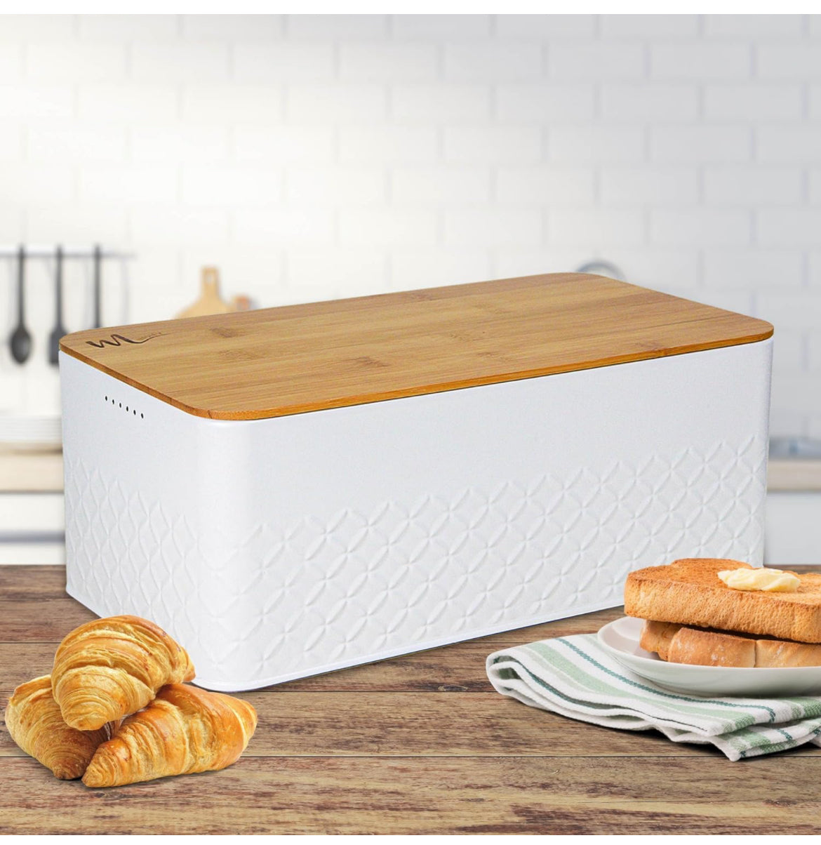 Panera para pan casero con tapa de bambú tabla de cortar, almacenamiento de pan para encimera de cocina, contenedor de pan para cocina de granja, caja de metal, soporte para pan blanco