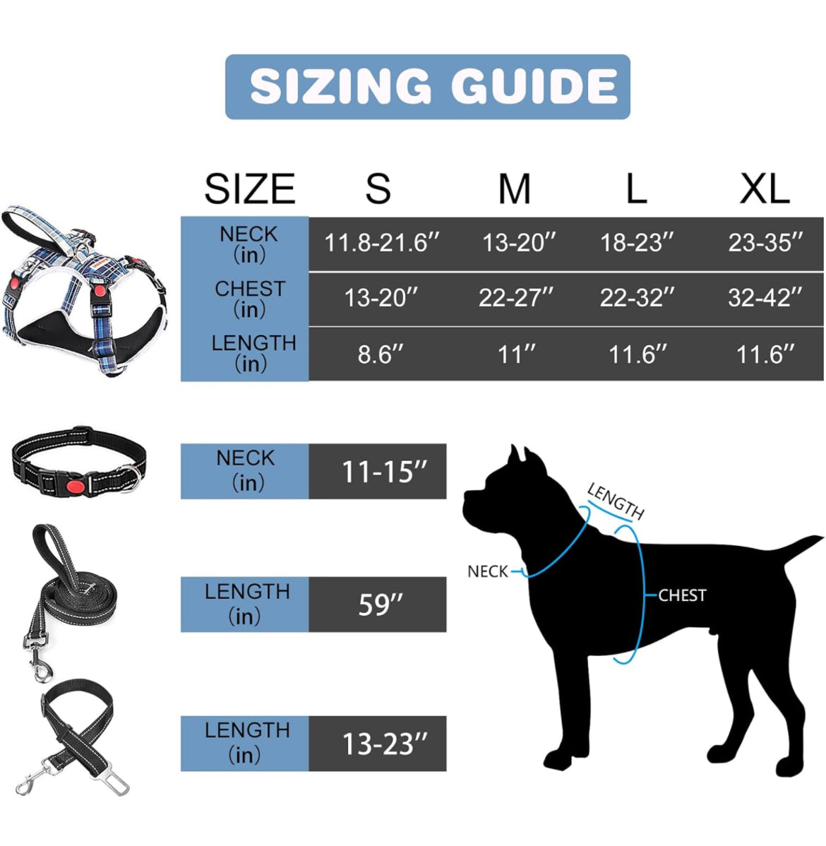 Arnés sin tirones para perro, con correa y cuello, arnés ajustable de chaleco reflectante Oxford sin estrangulamiento, arnés suave para perros pequeños, medianos y grandes, arnés de fácil control (azul a cuadros, L)