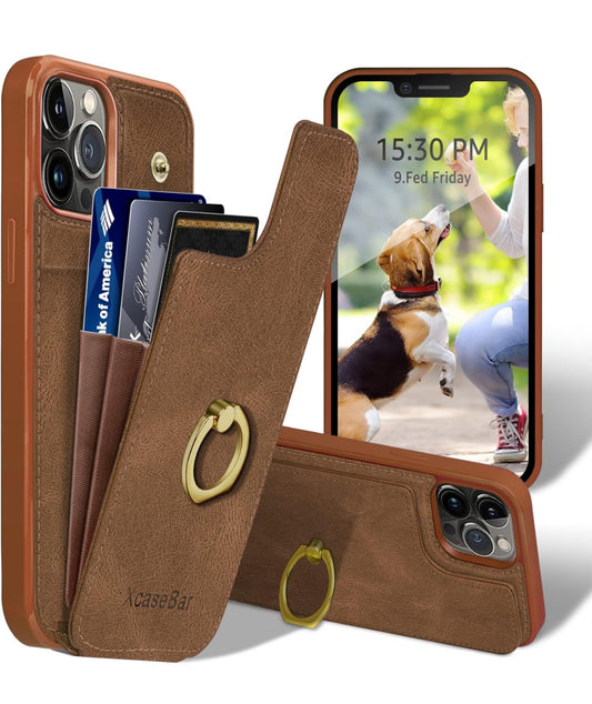 XcaseBar Funda tipo cartera para iPhone 12 Pro Max de 6.7 pies con soporte de anillo de rotación de 360°. Bloqueo RFID, soporte para tarjetas de crédito, funda de piel sintética para teléfono para