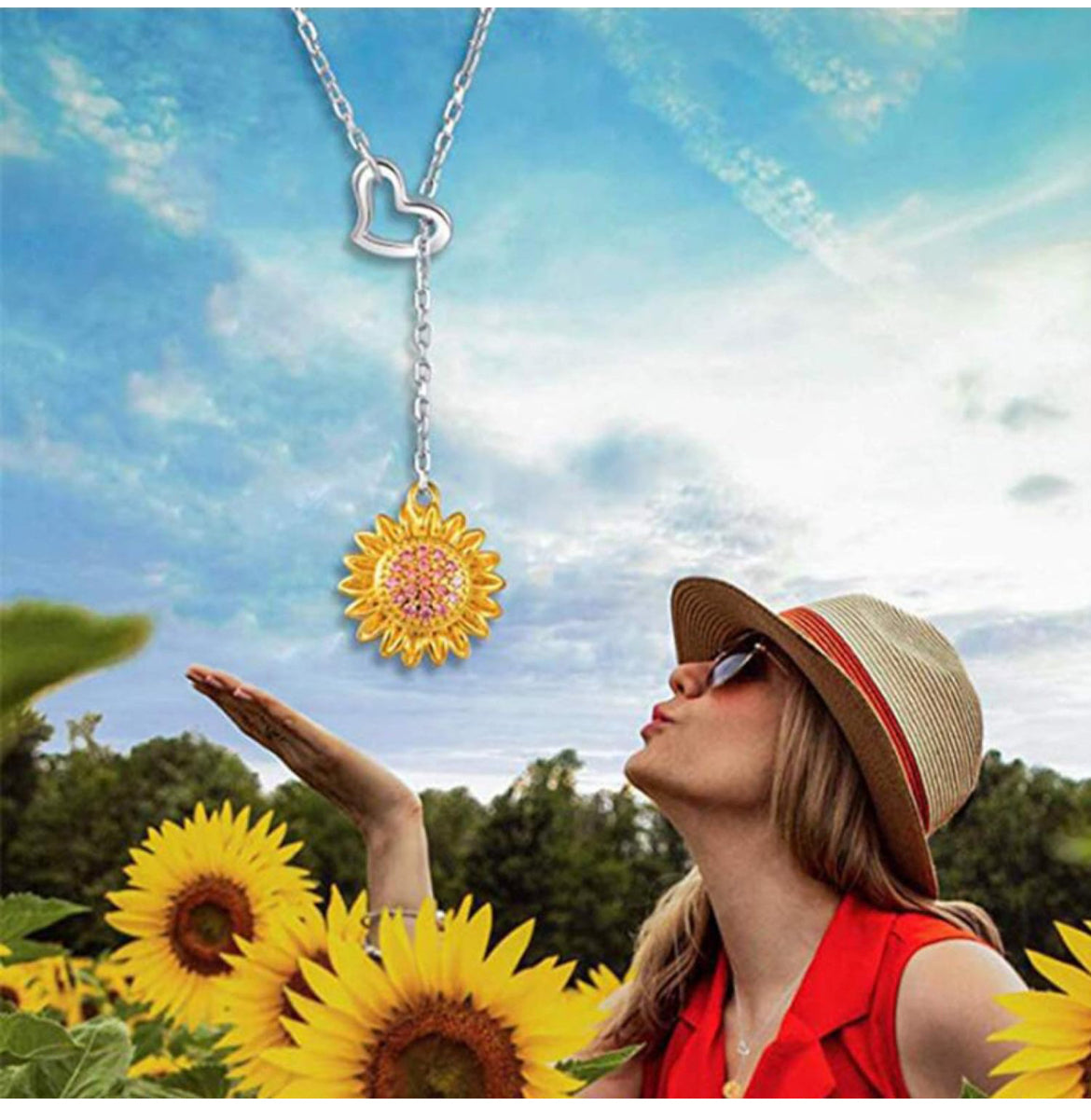 Collar de cadena para mujeres y niñas, mujer, con dije de corazón de girasol, diamantes de imitación, cadena de clavícula, collar con colgante de joyería para regalo del día de San Valentín, regalo de cumpleaños, Metal, No es una piedra preciosa