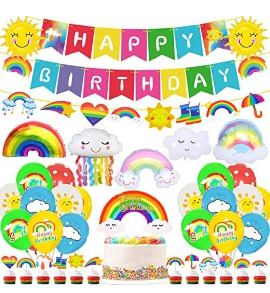 Juego de 48 piezas de decoración de fiesta de arco iris, pancarta de feliz cumpleaños, arco iris, decoración de cupcakes, globos de látex de aluminio arcoíris para suministros de fiesta de cumpleaños arcoíris