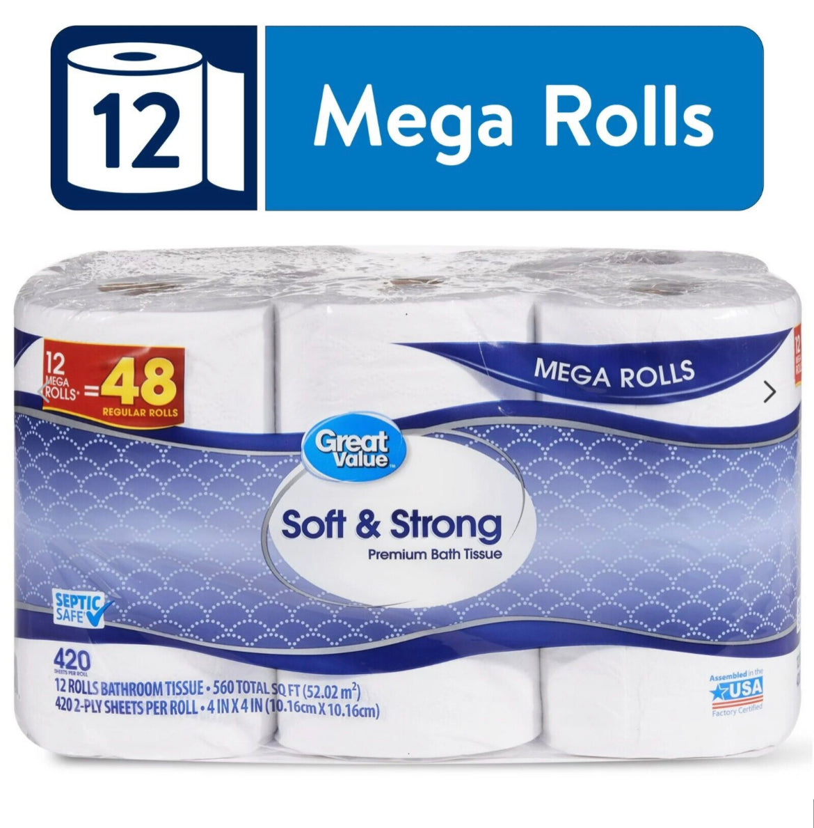 Papel higiénico premium suave y fuerte de gran valor, 12 mega rollos