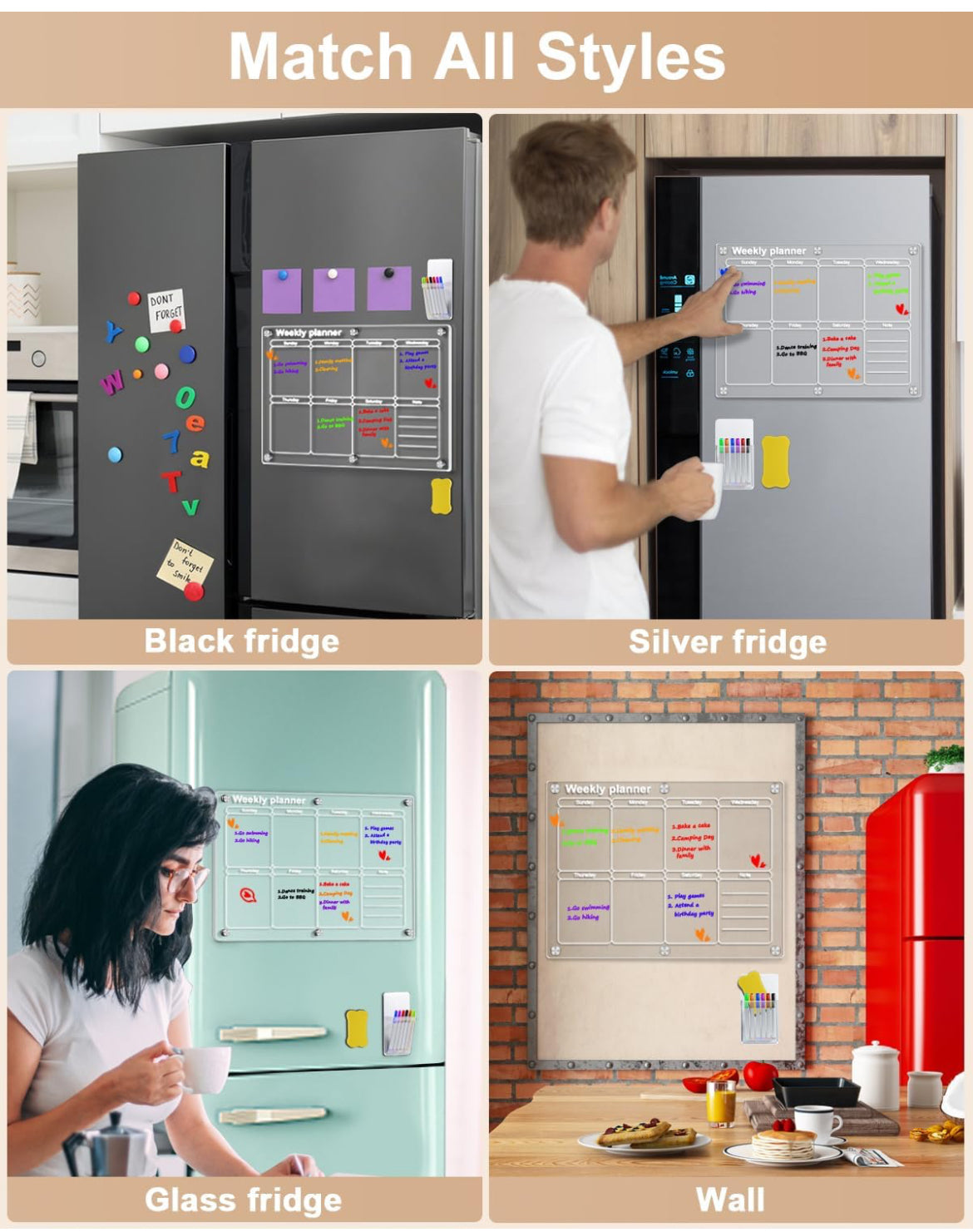 Yirilan Calendario acrílico para refrigerador, pizarra transparente de borrado en seco para refrigerador, calendario magnético de 16 x 12 pulgadas, incluye 6 marcadores de colores Semanal horizontal