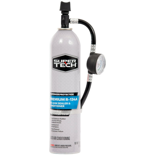 Super Tech Premium R-134a refrigerante automotriz con manguera y medidor reutilizables, 18 oz, paquete de 1