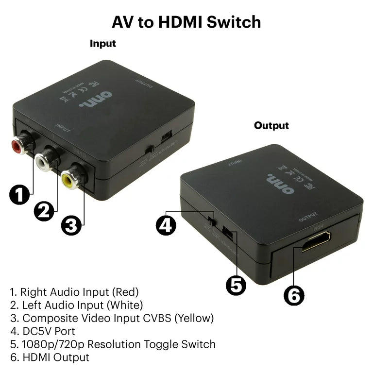 onn. Composite AV To HDMI Adapter, 1080P HD Quality, Game Consoles and Televisions, Black