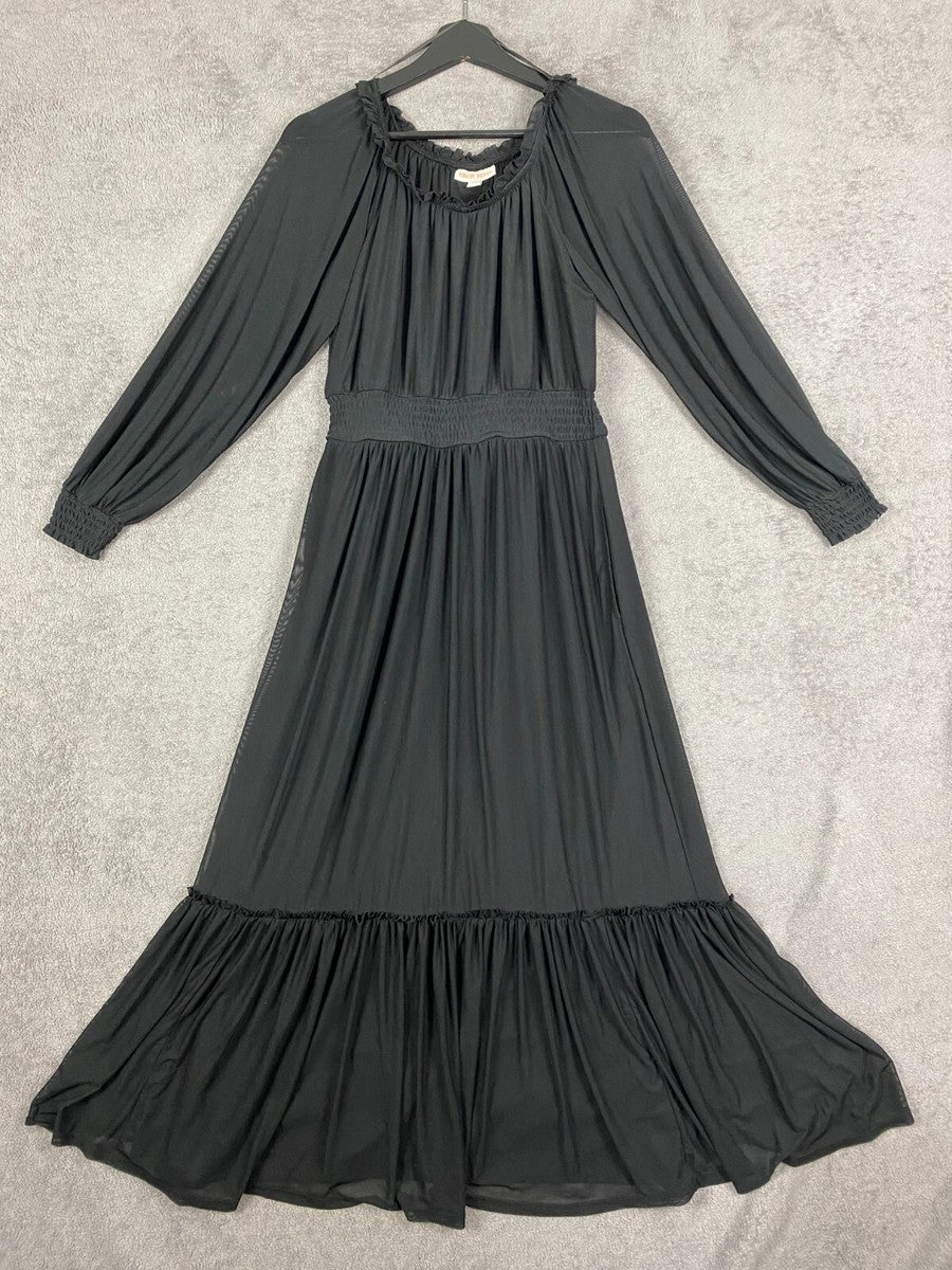 Maxi Vestido Knox Rosa Mujer talla XS Negro Manga Larga Volantes Cuello Plisado Línea A Modesto
