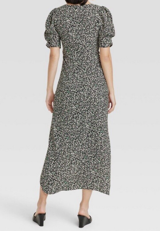 Vestido midi de manga corta de crepé para mujer A New Day Negro Verde Floral Talla L