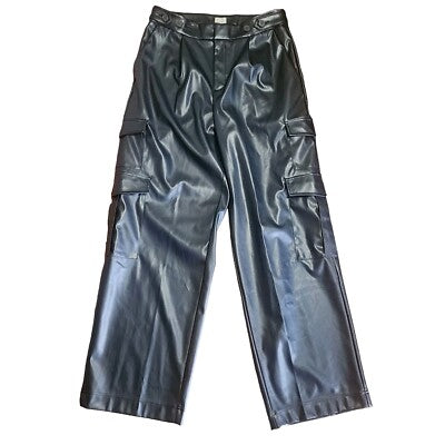 Pantalones tipo Cargo -  Liso -  Negro - cuero sintético- Mujer Talla 14