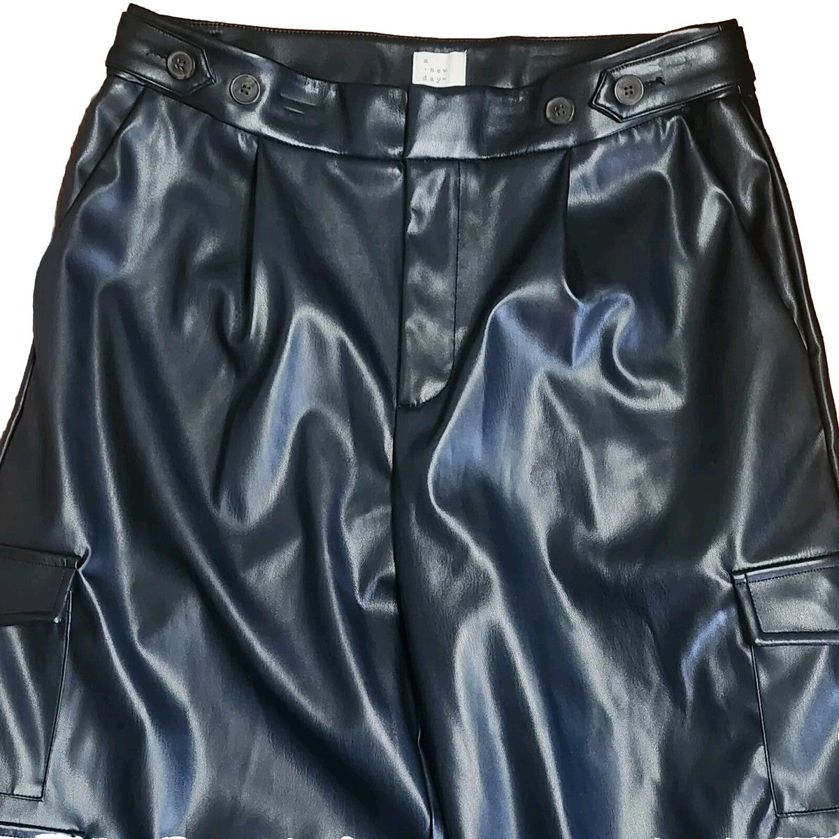 Pantalones tipo Cargo -  Liso -  Negro - cuero sintético- Mujer Talla 14