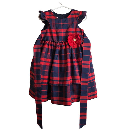 Vestido Pippa & Julie 3T Carmesí Cuadros Azul Marino Calce y Acampanado con Flor- talla 4T