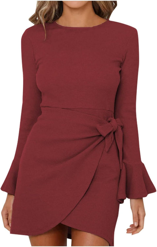 Vestido  Cintura lazo Manga larga Cuello redondo Bodycon Waffle Knit Minivestidos Elegante vestido holgado- talla S