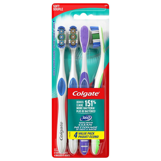 Cepillo de dientes manual Colgate 360 con limpiador de lengua y mejillas - Cerdas suaves - 4pcs