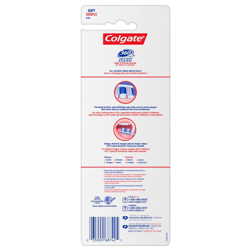 Cepillo de dientes manual Colgate 360 con limpiador de lengua y mejillas - Cerdas suaves - 4pcs