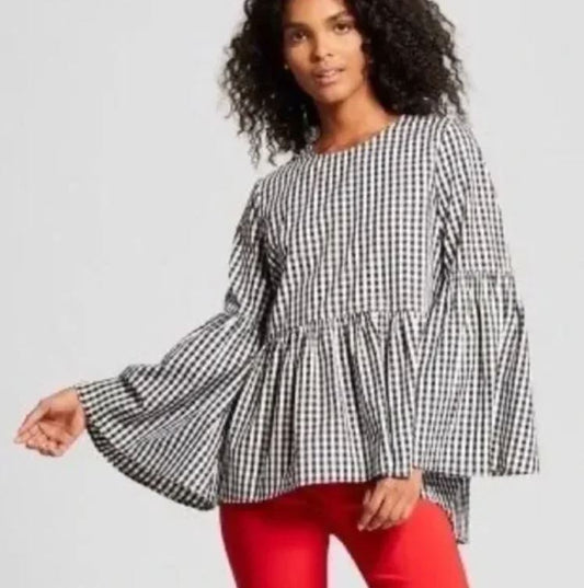 Top Who What Wear Negro/Blanco Guinga Algodón Manga Campana Peplum Talla M