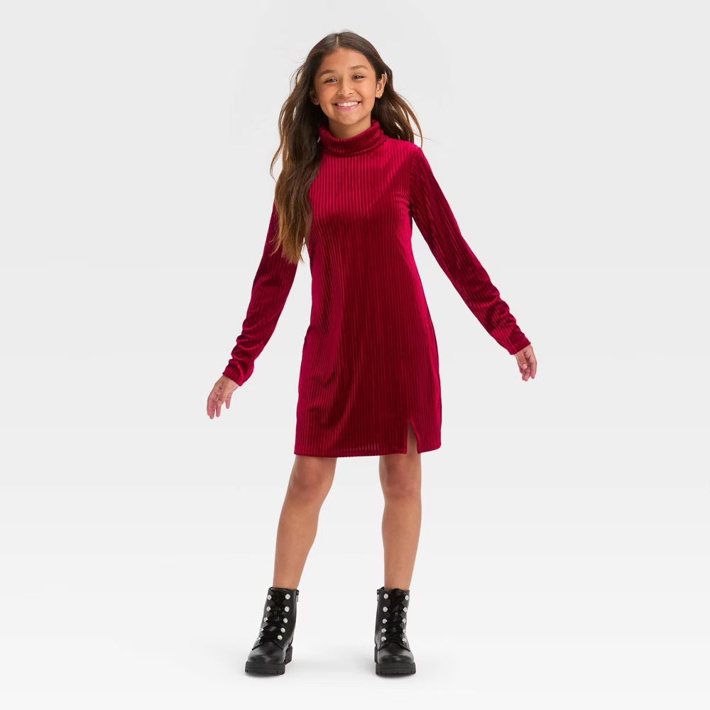 Vestido de terciopelo cuello alto manga larga para niñas - art class™ rojo talla S (6/7)