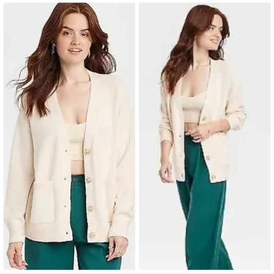 Cárdigan boyfriend de frente abierto color crema - a new day - Talla XL