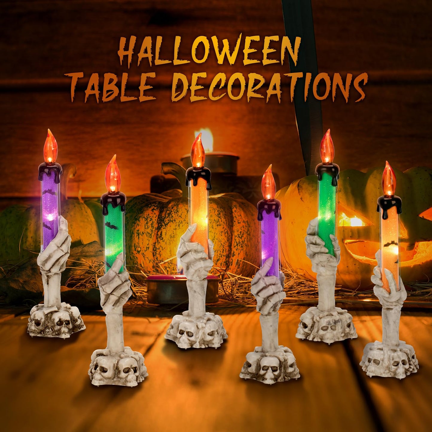 Retisee 11 velas sin llama de Halloween con triple esqueleto y calavera, funciona con pilas, lámpara de velas de Halloween, decoración de mesa para fiestas, casa embrujada, decoración del hogar,