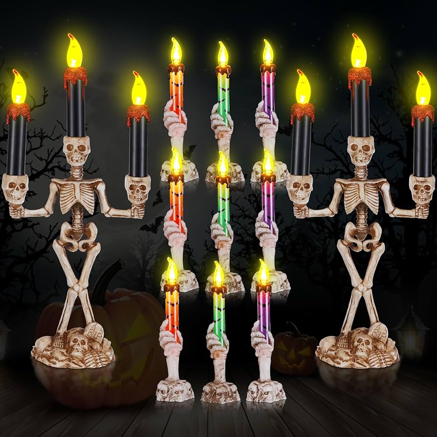 Retisee 11 velas sin llama de Halloween con triple esqueleto y calavera, funciona con pilas, lámpara de velas de Halloween, decoración de mesa para fiestas, casa embrujada, decoración del hogar,