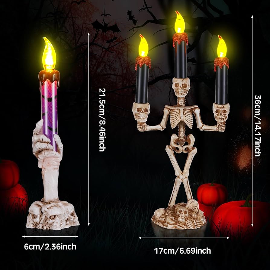 Retisee 11 velas sin llama de Halloween con triple esqueleto y calavera, funciona con pilas, lámpara de velas de Halloween, decoración de mesa para fiestas, casa embrujada, decoración del hogar,