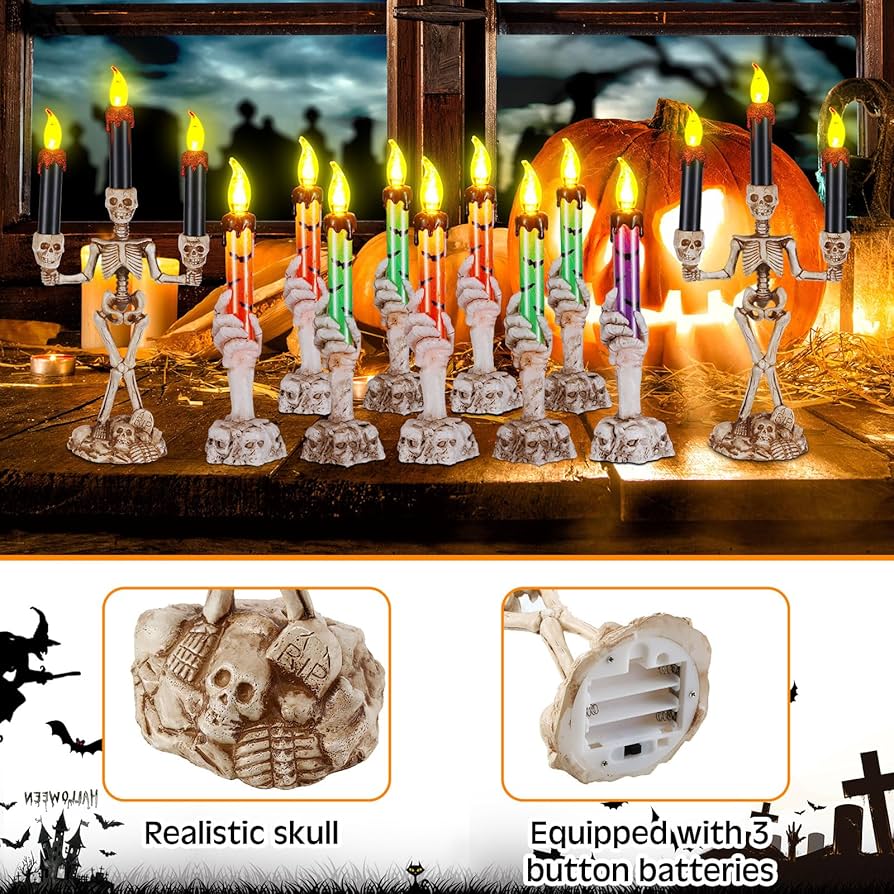 Retisee 11 velas sin llama de Halloween con triple esqueleto y calavera, funciona con pilas, lámpara de velas de Halloween, decoración de mesa para fiestas, casa embrujada, decoración del hogar,