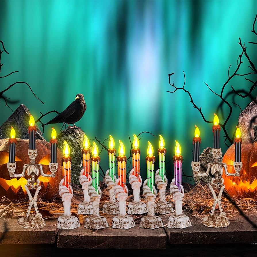 Retisee 11 velas sin llama de Halloween con triple esqueleto y calavera, funciona con pilas, lámpara de velas de Halloween, decoración de mesa para fiestas, casa embrujada, decoración del hogar,