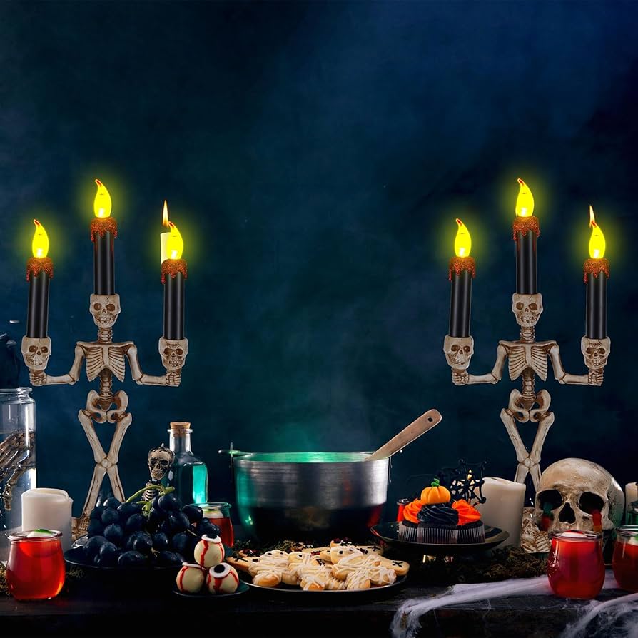 Retisee 11 velas sin llama de Halloween con triple esqueleto y calavera, funciona con pilas, lámpara de velas de Halloween, decoración de mesa para fiestas, casa embrujada, decoración del hogar,