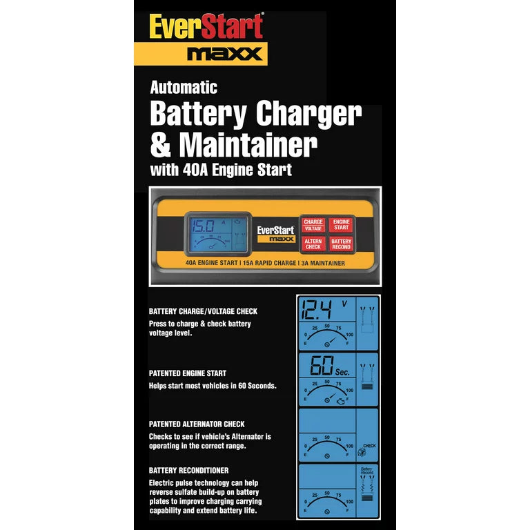 Cargador y mantenedor de batería EverStart Maxx de 15 amperios con arranque del motor de 40 amperios