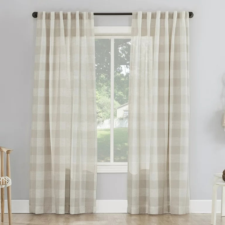 Better Homes and Gardens Buffalo Plaid Semi-Sheer Back Tab Cortinas Panel, 50" x 84", Beige