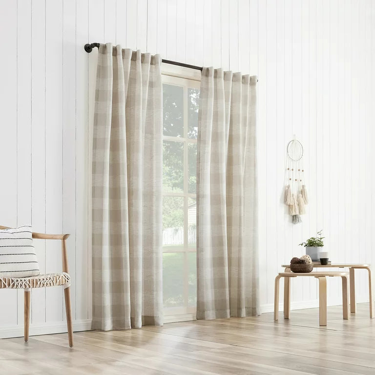 Better Homes and Gardens Buffalo Plaid Semi-Sheer Back Tab Cortinas Panel, 50" x 84", Beige