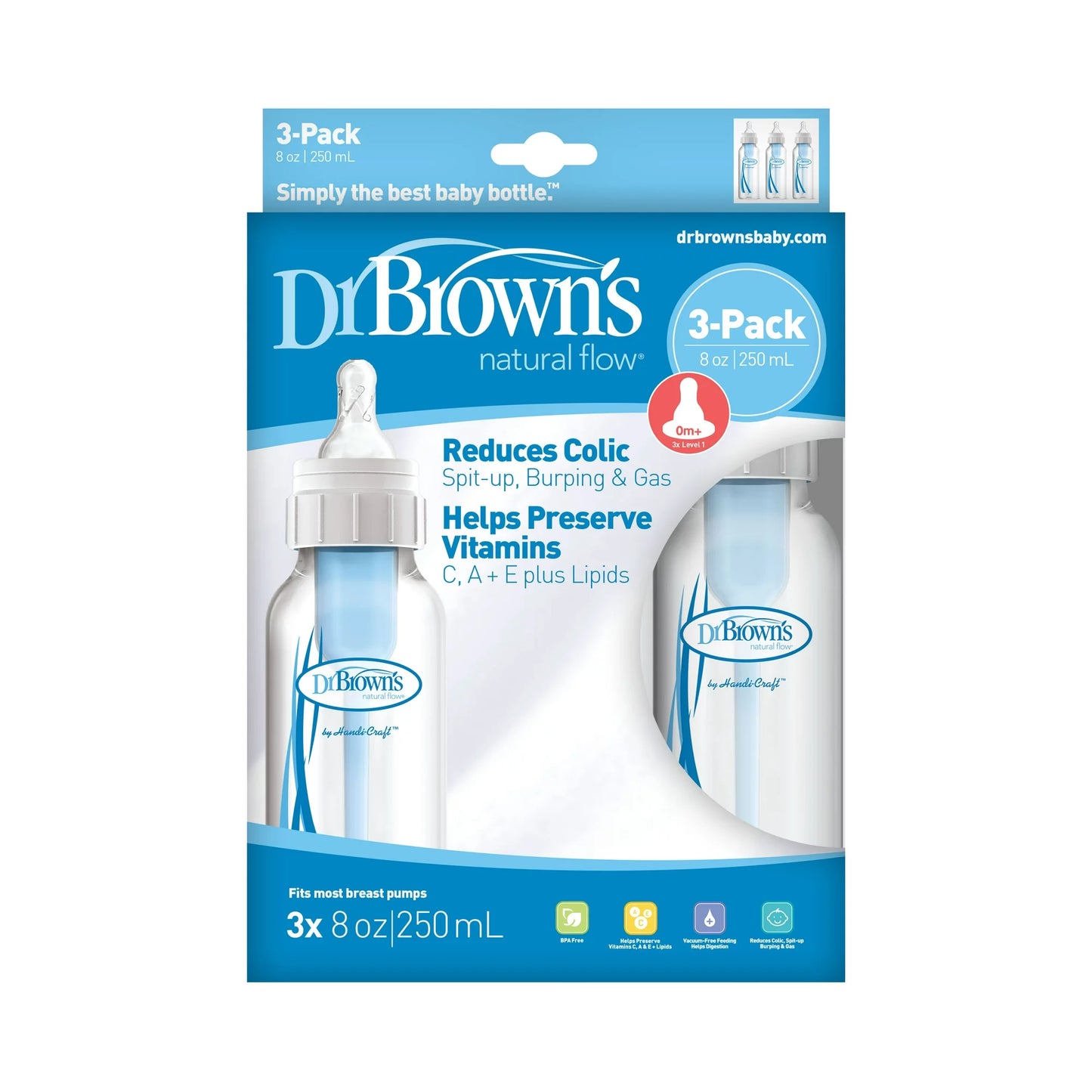 Biberones anticólicos Dr. Brown's Natural Flow - 8 oz - Paquete de 3