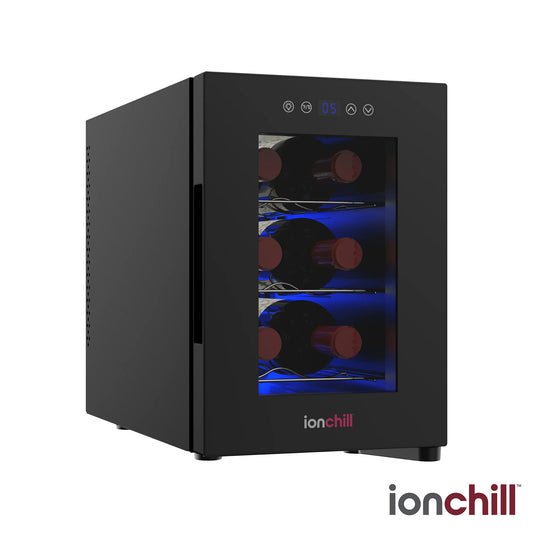Enfriador de vino Ionchill de 6 botellas, nuevo mini refrigerador de puerta estándar con estante de vino y temperatura. Control, 9,75 pulgadas